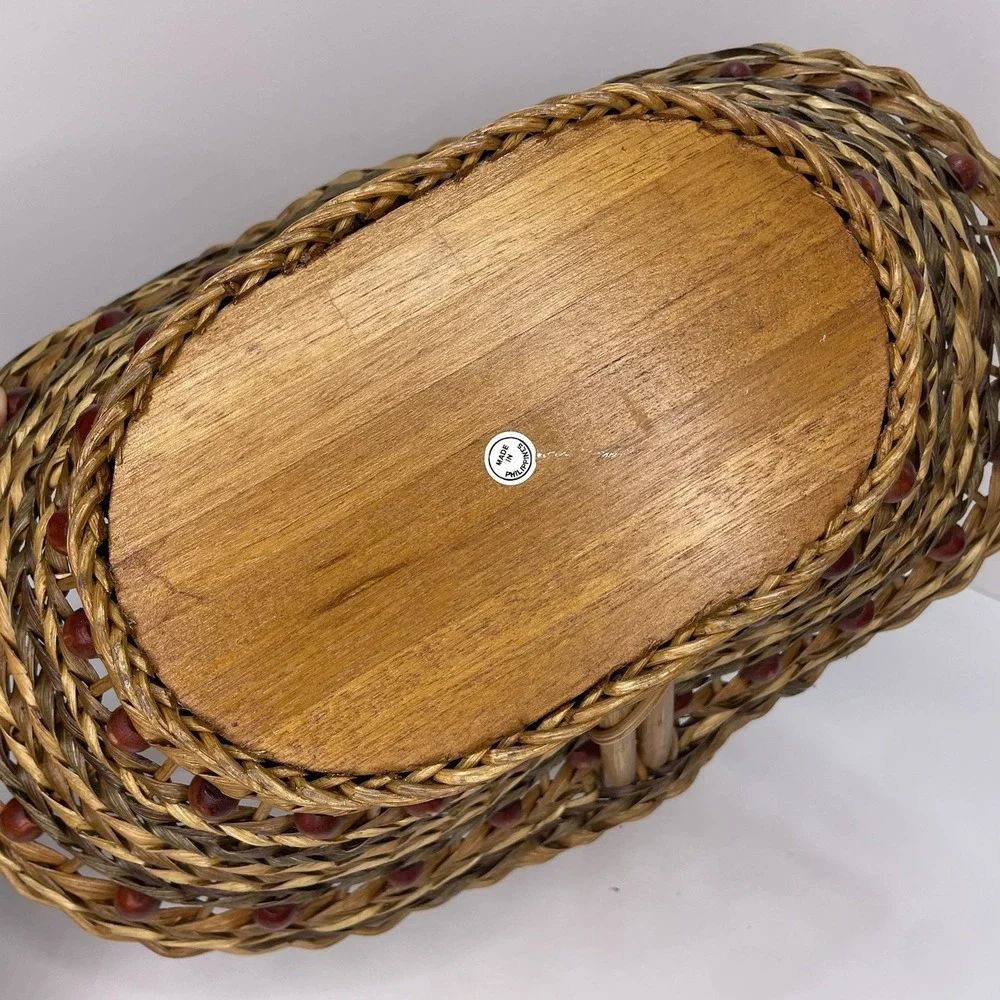 Large Vtg Willow Wicker Wood Bead Basket Handmade‎ Rattan 16.5x10.5